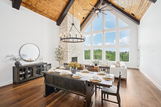 169 Tall Forest Dr, Bastrop, TX 78602 - dining space with high vaulted ceiling, a wood ceiling with exposed beams, a fireplace, a ceiling fan, and hardwood / wood-style floors