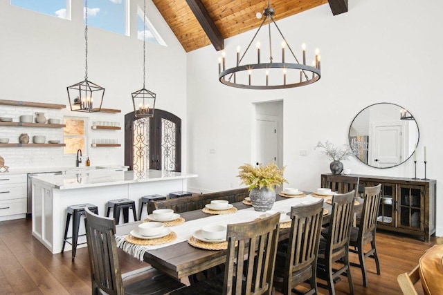 169 Tall Forest Dr, Bastrop, TX 78602 - dining area with a chandelier, high vaulted ceiling, a wood ceiling with exposed beams, and dark wood-style floors