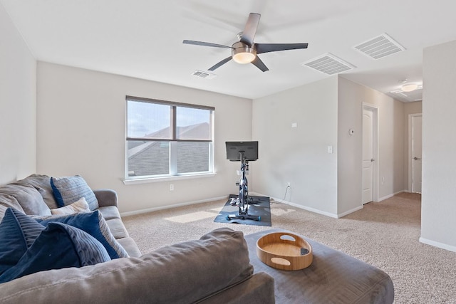3526 Wickham Ln, Austin, TX 78725 - carpeted living area featuring baseboards and ceiling fan