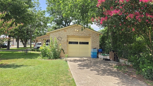 1801 Ash St, Georgetown, TX 78626 - view of side of home featuring concrete driveway, a garage, brick siding, a lawn, and an outbuilding