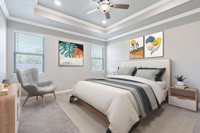 103 W Tomlinson St, Florence, TX 76527 - bedroom with carpet flooring, multiple windows, ornamental molding, a raised ceiling, and recessed lighting