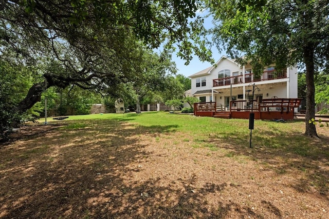 707 Malabar St, Lakeway, TX 78734 - view of grassy yard with a wooden deck and a balcony