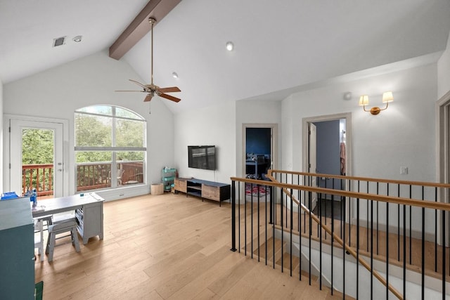 707 Malabar St, Lakeway, TX 78734 - living room featuring beam ceiling, light wood-style flooring, a ceiling fan, and high vaulted ceiling