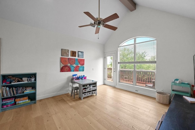 707 Malabar St, Lakeway, TX 78734 - recreation room with high vaulted ceiling, beam ceiling, hardwood / wood-style floors, and a ceiling fan