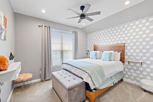 1700 Elaina Loop, Leander, TX 78641 - bedroom featuring carpet, recessed lighting, lofted ceiling, and ceiling fan