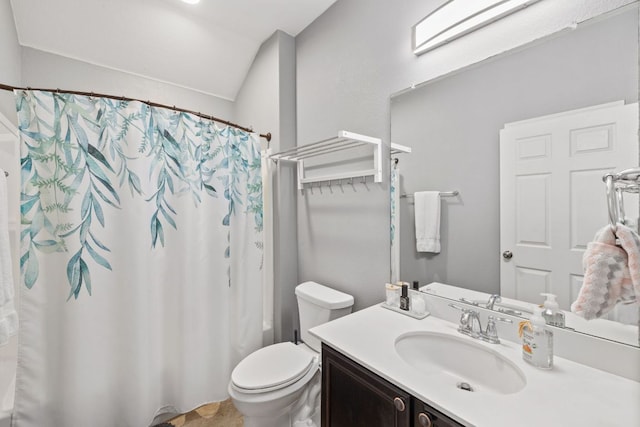 1700 Elaina Loop, Leander, TX 78641 - bathroom with lofted ceiling, vanity, and a shower with curtain