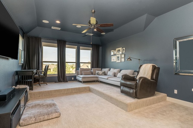 2800 Crystal Falls Pkwy, Leander, TX 78641 - living area featuring carpet, a ceiling fan, vaulted ceiling, and recessed lighting