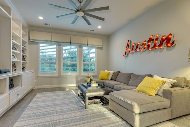 2800 Crystal Falls Pkwy, Leander, TX 78641 - living area featuring ceiling fan, light wood finished floors, and recessed lighting