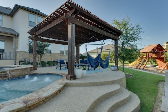 2800 Crystal Falls Pkwy, Leander, TX 78641 - view of swimming pool featuring a patio area, a playground, a pool with connected hot tub, and a pergola