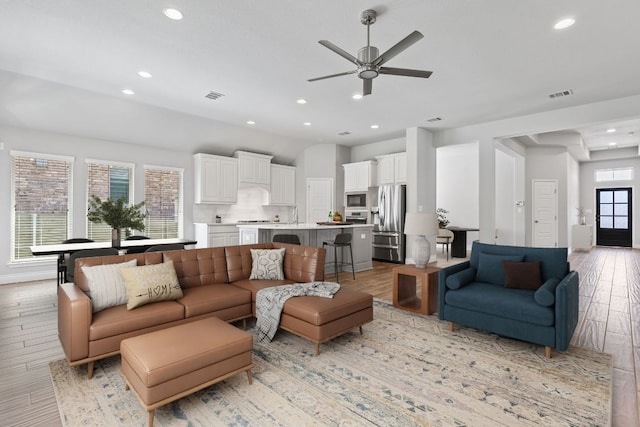 3604 Mercer Rd, Georgetown, TX 78628 - living room featuring ceiling fan, light wood-style flooring, and recessed lighting
