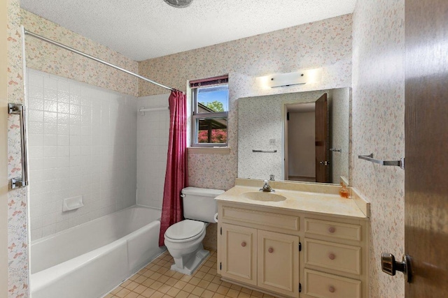 2403 N Shields Dr, Austin, TX 78727 - full bathroom with wallpapered walls, shower / bath combo with shower curtain, vanity, tile patterned floors, and a textured ceiling