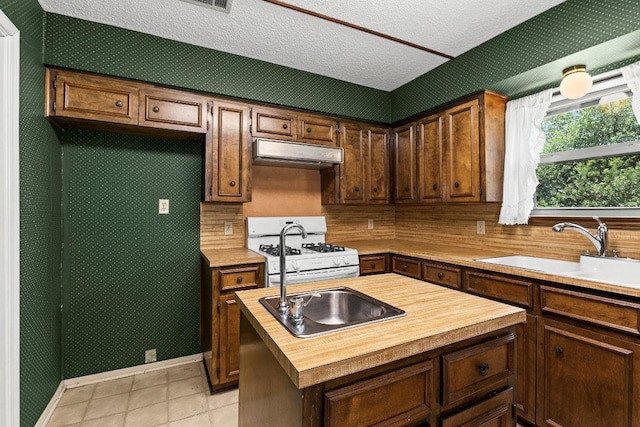 2403 N Shields Dr, Austin, TX 78727 - kitchen with butcher block countertops, white gas range oven, under cabinet range hood, tasteful backsplash, and a textured ceiling