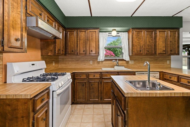 2403 N Shields Dr, Austin, TX 78727 - kitchen with white range with gas cooktop, extractor fan, decorative backsplash, and wooden counters
