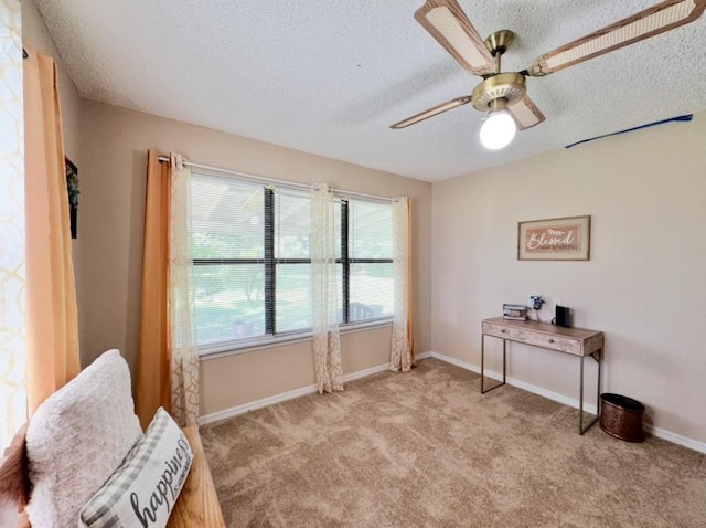 702 Pleasant Grove Rd, Elgin, TX 78621 - living area featuring a textured ceiling, carpet flooring, and a ceiling fan