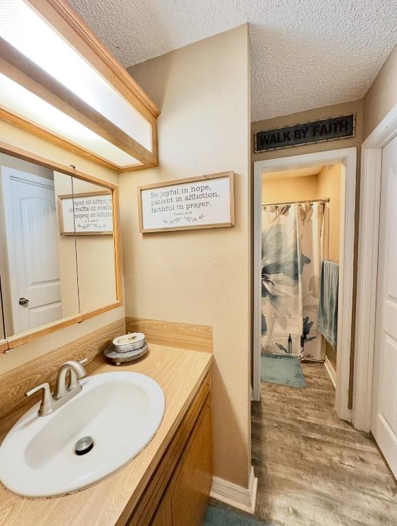 702 Pleasant Grove Rd, Elgin, TX 78621 - bathroom featuring vanity, a textured ceiling, and wood finished floors
