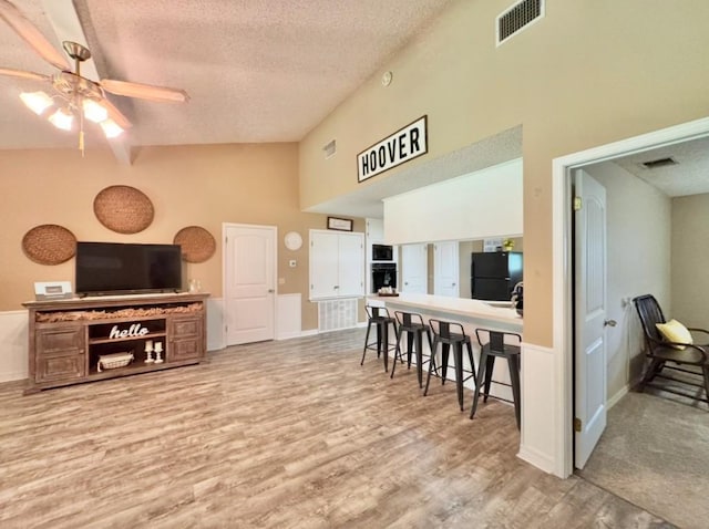 702 Pleasant Grove Rd, Elgin, TX 78621 - living area with a textured ceiling, wood finished floors, ceiling fan, and high vaulted ceiling