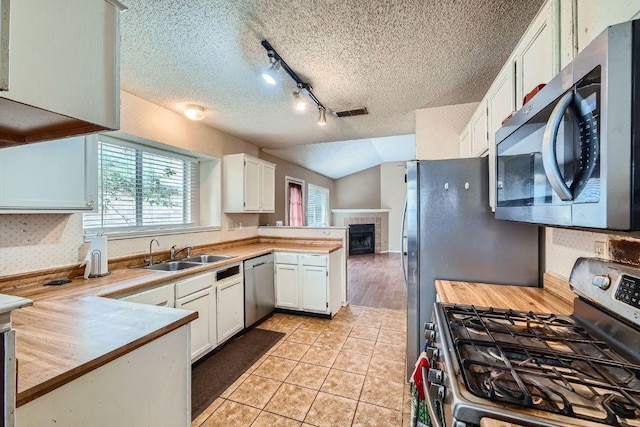 14305 Vandever St, Austin, TX 78725 - kitchen featuring appliances with stainless steel finishes, a textured ceiling, a peninsula, white cabinets, and a fireplace