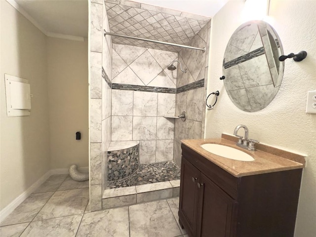 4503 E Stassney Ln, Austin, TX 78744 - bathroom with vanity, a tile shower, and ornamental molding