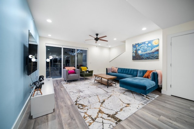604 N Bluff Dr Unit 247, Austin, TX 78745 - living area featuring wood finished floors, ceiling fan, and recessed lighting