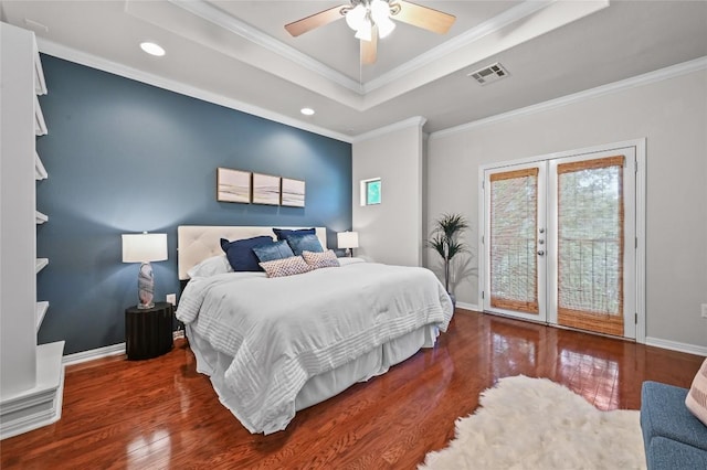 1115 Kinney Ave Unit 6, Austin, TX 78704 - bedroom featuring french doors, a raised ceiling, access to outside, wood finished floors, and recessed lighting