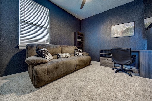 261 Deserti Rd, Leander, TX 78641 - office area featuring carpet floors, a textured wall, a ceiling fan, and vaulted ceiling
