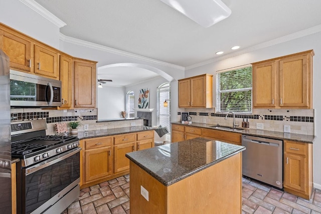 15213 Mallard Green Ln, Austin, TX 78728 - kitchen with appliances with stainless steel finishes, arched walkways, brick flooring, ornamental molding, and decorative backsplash