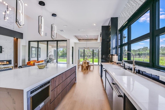 1806 Lauren Dr, Spicewood, TX 78669 - kitchen featuring modern cabinets, appliances with stainless steel finishes, plenty of natural light, light wood-type flooring, and a towering ceiling