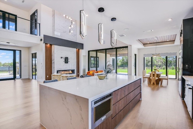1806 Lauren Dr, Spicewood, TX 78669 - kitchen featuring modern cabinets, a towering ceiling, light wood-type flooring, a fireplace, and plenty of natural light