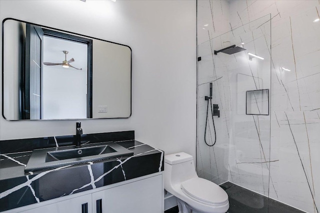 1806 Lauren Dr, Spicewood, TX 78669 - bathroom with a marble finish shower, vanity, and a ceiling fan