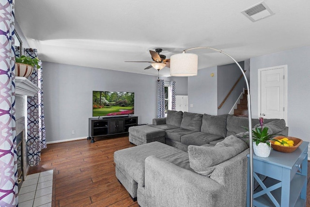 906 Pecos Cv, Leander, TX 78641 - living area featuring hardwood / wood-style floors, stairs, and ceiling fan