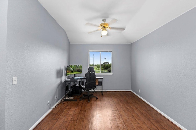 906 Pecos Cv, Leander, TX 78641 - office area featuring a ceiling fan, hardwood / wood-style flooring, and vaulted ceiling