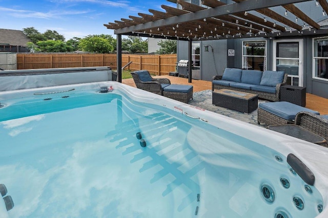 906 Pecos Cv, Leander, TX 78641 - view of pool featuring an outdoor living space, a pergola, a fenced backyard, and a grill