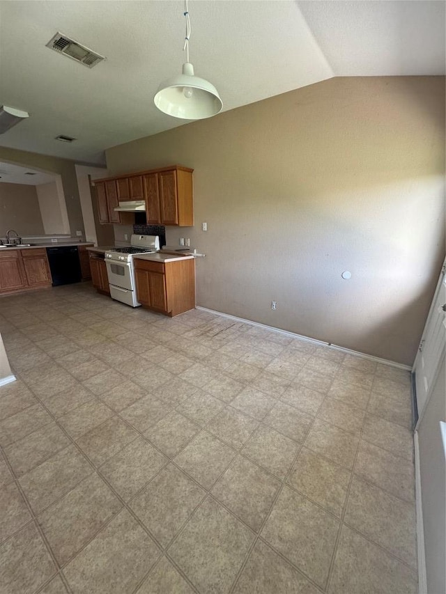 209 Lake Washington Dr, Kyle, TX 78640 - kitchen with white gas range oven, under cabinet range hood, dishwasher, brown cabinets, and light countertops