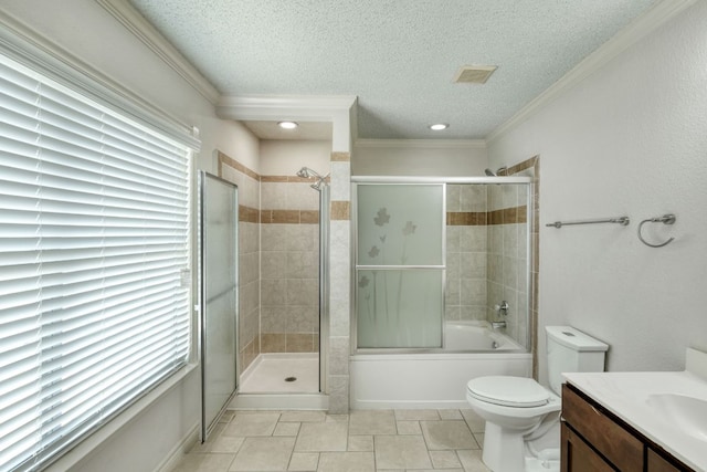 2801 Adelen Ln, Round Rock, TX 78664 - full bath featuring a textured ceiling, vanity, combined bath / shower with glass door, ornamental molding, and tile patterned floors