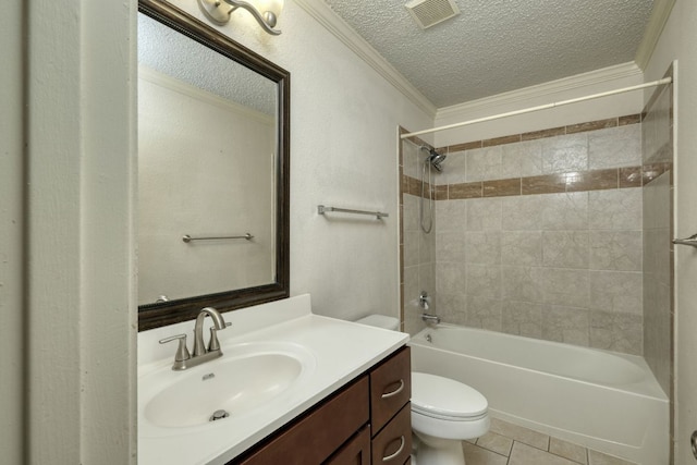 2801 Adelen Ln, Round Rock, TX 78664 - bathroom featuring vanity, a textured ceiling, washtub / shower combination, ornamental molding, and tile patterned flooring