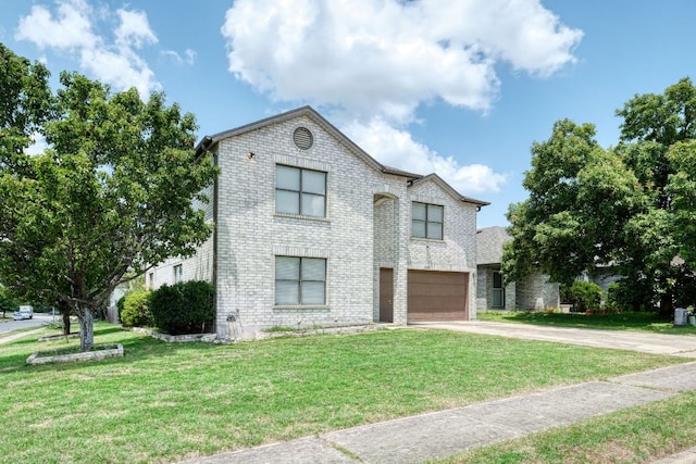 2801 Adelen Ln, Round Rock, TX 78664 - view of front of property with concrete driveway, brick siding, an attached garage, and a front yard