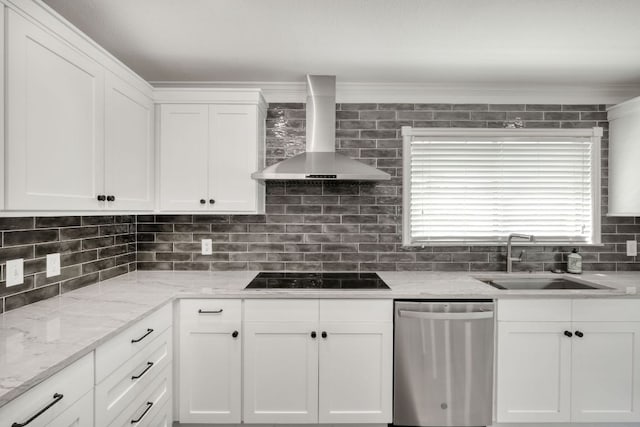 2801 Adelen Ln, Round Rock, TX 78664 - kitchen with dishwasher, wall chimney exhaust hood, black electric cooktop, backsplash, and ornamental molding