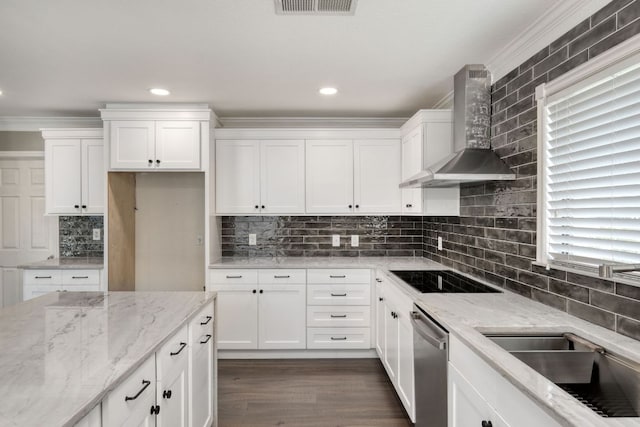 2801 Adelen Ln, Round Rock, TX 78664 - kitchen featuring wall chimney exhaust hood, black electric stovetop, dishwasher, white cabinets, and backsplash