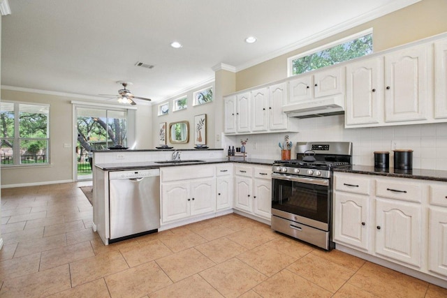136 Trail Of The Flowers, Georgetown, TX 78633 - kitchen with appliances with stainless steel finishes, under cabinet range hood, crown molding, decorative backsplash, and a peninsula