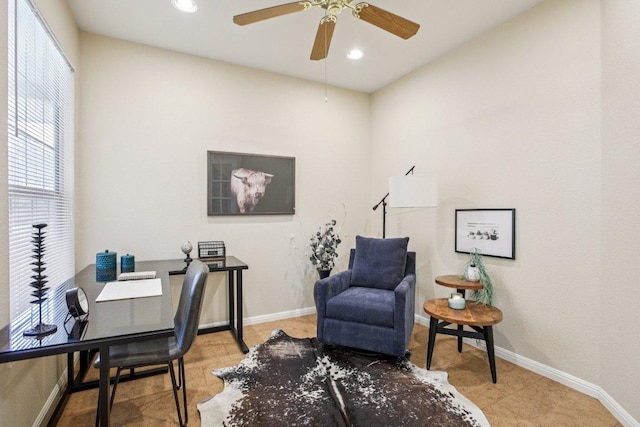 136 Trail Of The Flowers, Georgetown, TX 78633 - office area with a ceiling fan, recessed lighting, and light tile patterned floors