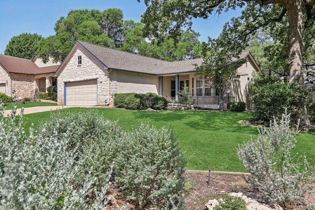 136 Trail Of The Flowers, Georgetown, TX 78633 - ranch-style home with stone siding, a garage, a front lawn, a porch, and driveway