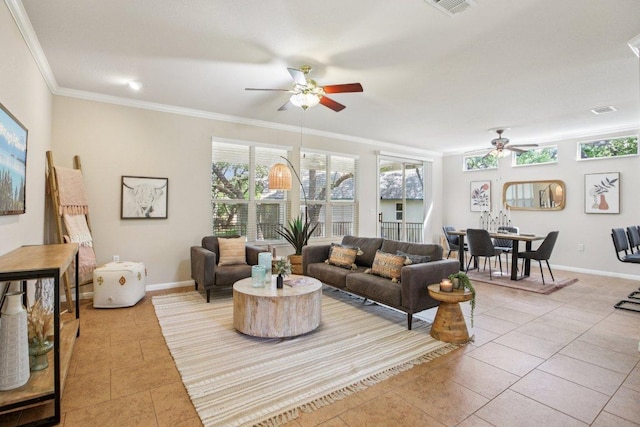 136 Trail Of The Flowers, Georgetown, TX 78633 - tiled living room with ceiling fan and ornamental molding