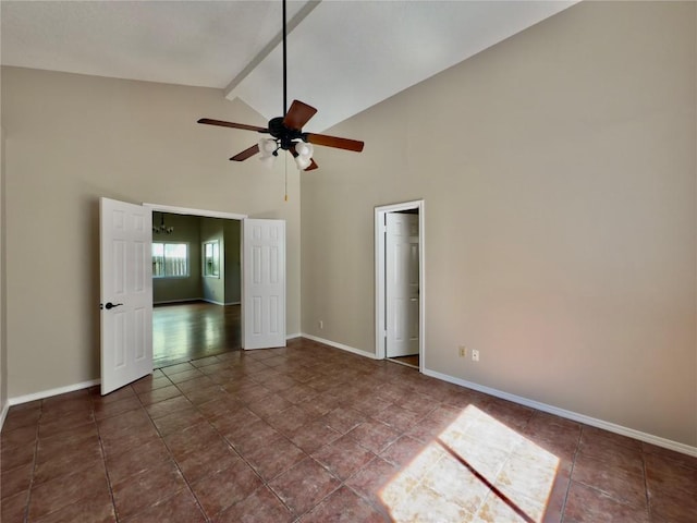 6400 Jennings Dr, Austin, TX 78727 - tiled spare room with beam ceiling, high vaulted ceiling, and ceiling fan