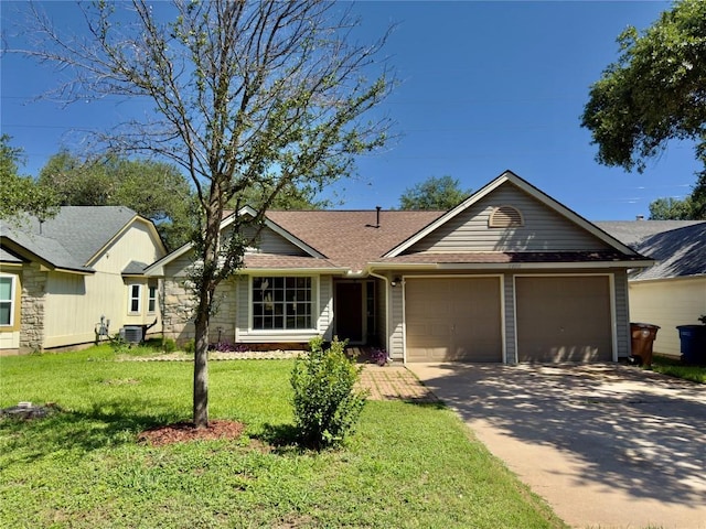 6400 Jennings Dr, Austin, TX 78727 - ranch-style home with a garage, driveway, a front lawn, and roof with shingles