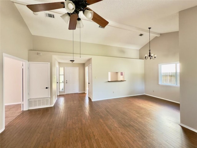 6400 Jennings Dr, Austin, TX 78727 - unfurnished living room with high vaulted ceiling, ceiling fan, dark wood-style flooring, a chandelier, and beam ceiling