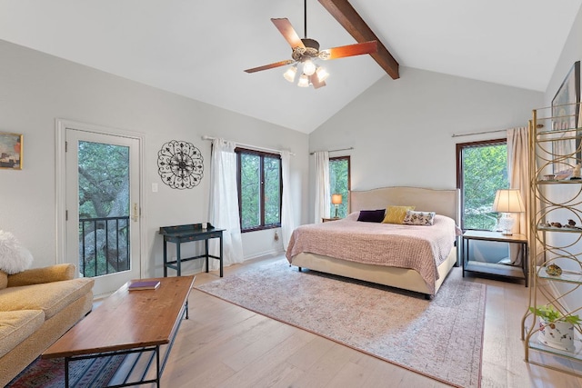 6302 Gato Path, Austin, TX 78731 - bedroom featuring wood finished floors, beam ceiling, high vaulted ceiling, access to outside, and ceiling fan