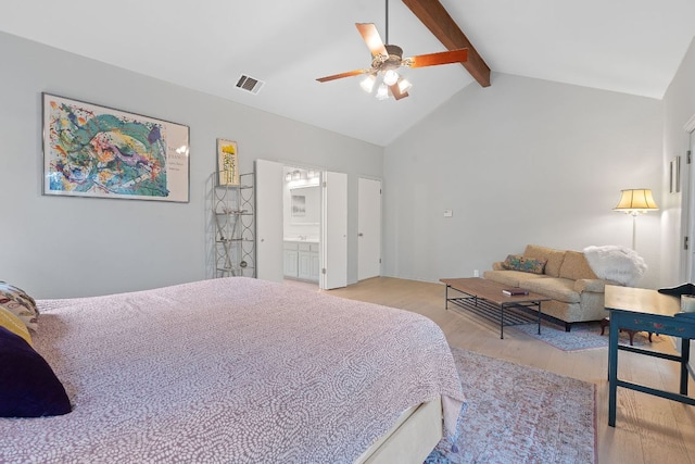 6302 Gato Path, Austin, TX 78731 - bedroom featuring light wood-type flooring, beam ceiling, ensuite bath, ceiling fan, and high vaulted ceiling