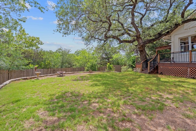 6302 Gato Path, Austin, TX 78731 - fenced backyard featuring a fire pit, a deck, and stairs