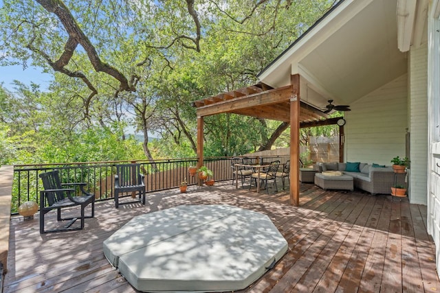 6302 Gato Path, Austin, TX 78731 - deck with outdoor lounge area, outdoor dining area, and ceiling fan
