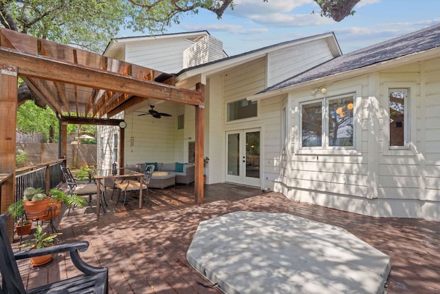 6302 Gato Path, Austin, TX 78731 - view of patio / terrace featuring ceiling fan, a wooden deck, an outdoor hangout area, french doors, and outdoor dining area